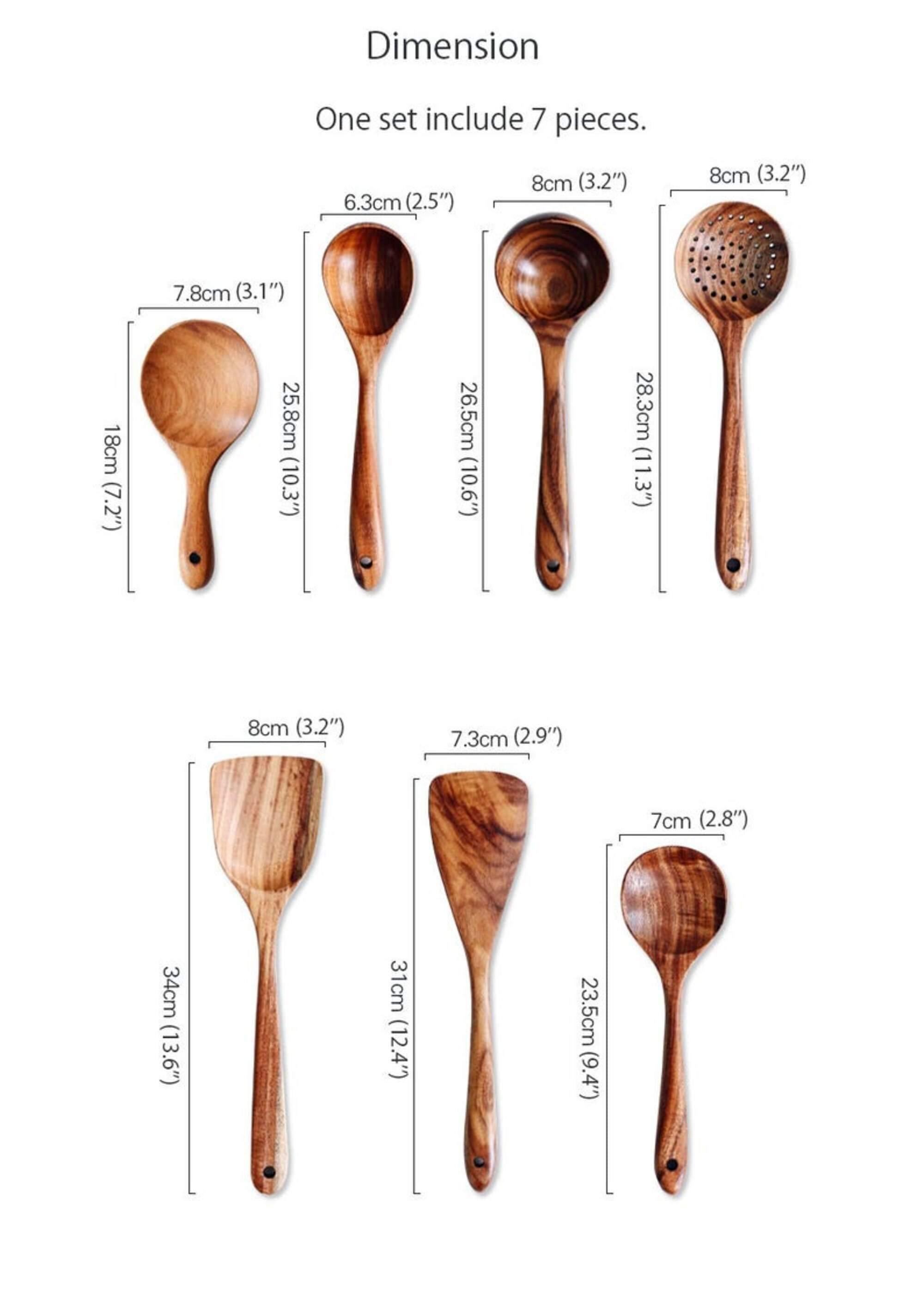 Cooking Utensil Set Teak Wood 7 Piece Non Stick Kitchen Stirring Serving Spoons Spatulas Natural Cookware Tools | Thomler
