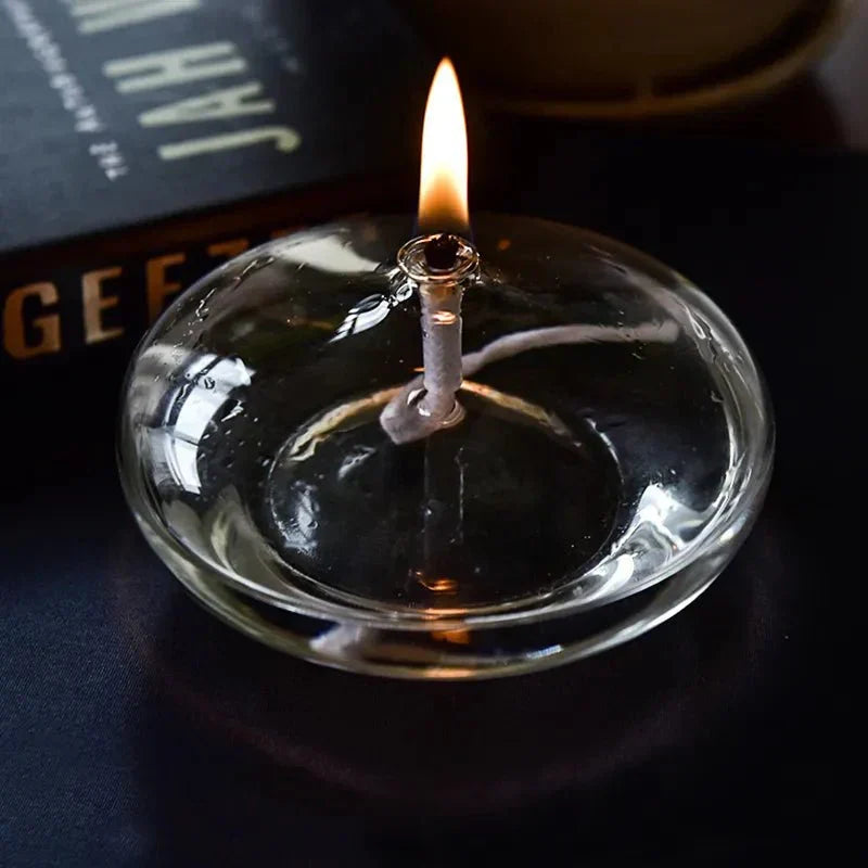 Clear Glass Oil Lamp Candle Holder with Wick for Table Centerpiece | Rustic Tabletop Lighting | Ambient Flame Décor for Dining Room | Thomler