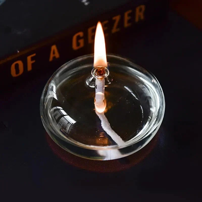 Clear Glass Oil Lamp Candle Holder with Wick for Table Centerpiece | Rustic Tabletop Lighting | Ambient Flame Décor for Dining Room | Thomler