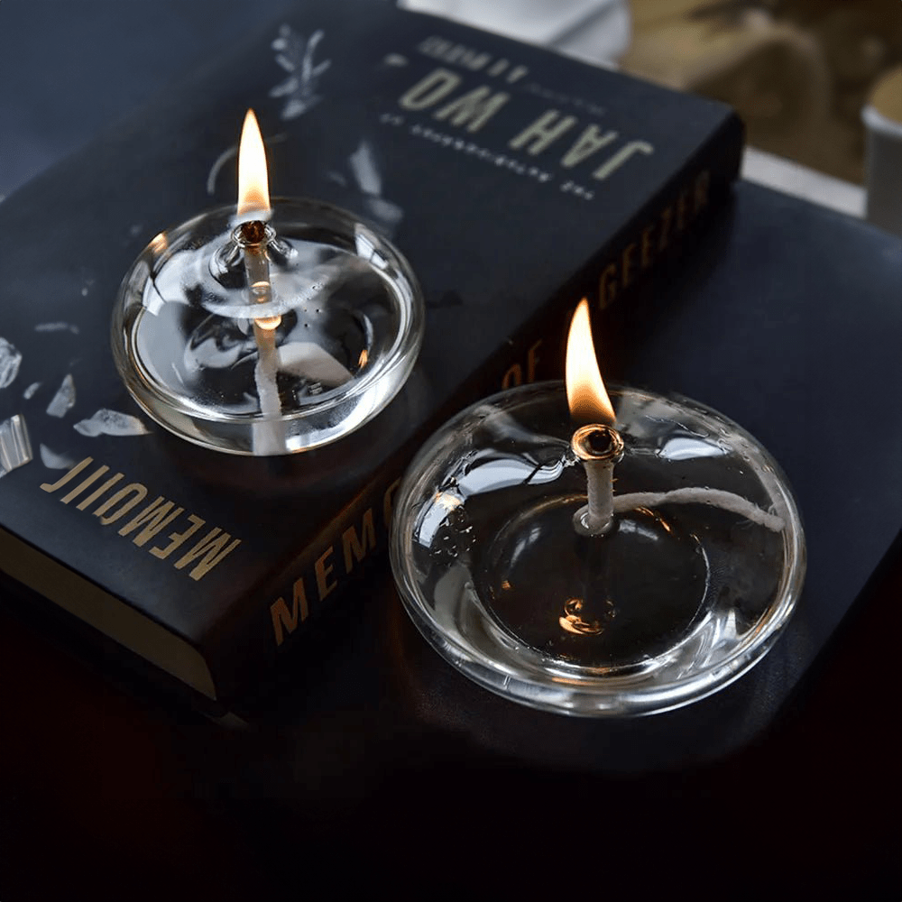 Clear Glass Oil Lamp Candle Holder with Wick for Table Centerpiece | Rustic Tabletop Lighting | Ambient Flame Décor for Dining Room | Thomler