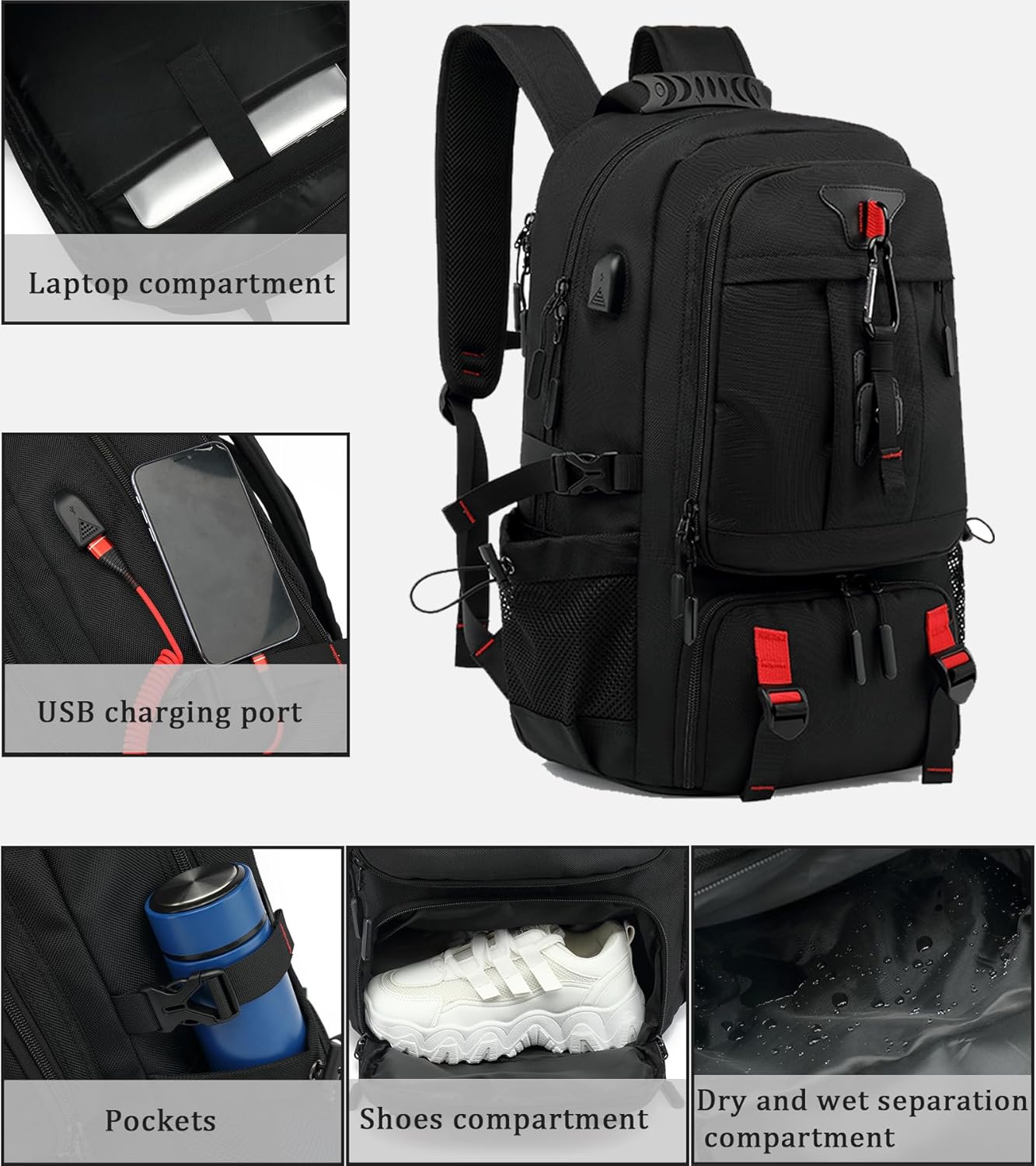 Large Expandable Backpack 60-Liter USB Charging Port Laptop Compartment up to 17 Inch Travel Carry-On Shoe Storage Anti-Theft Pocket for Bus | Thomler