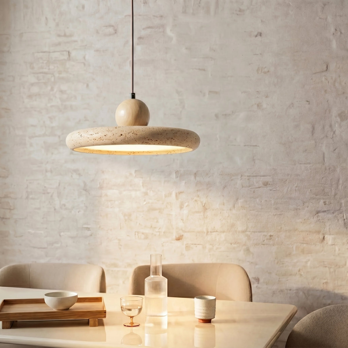 Travertine Stone & Wood Pendant Light – LED Ceiling Lamp for Dining Room, Kitchen Island & Bar – Scandinavian Minimalist Design | Thomler