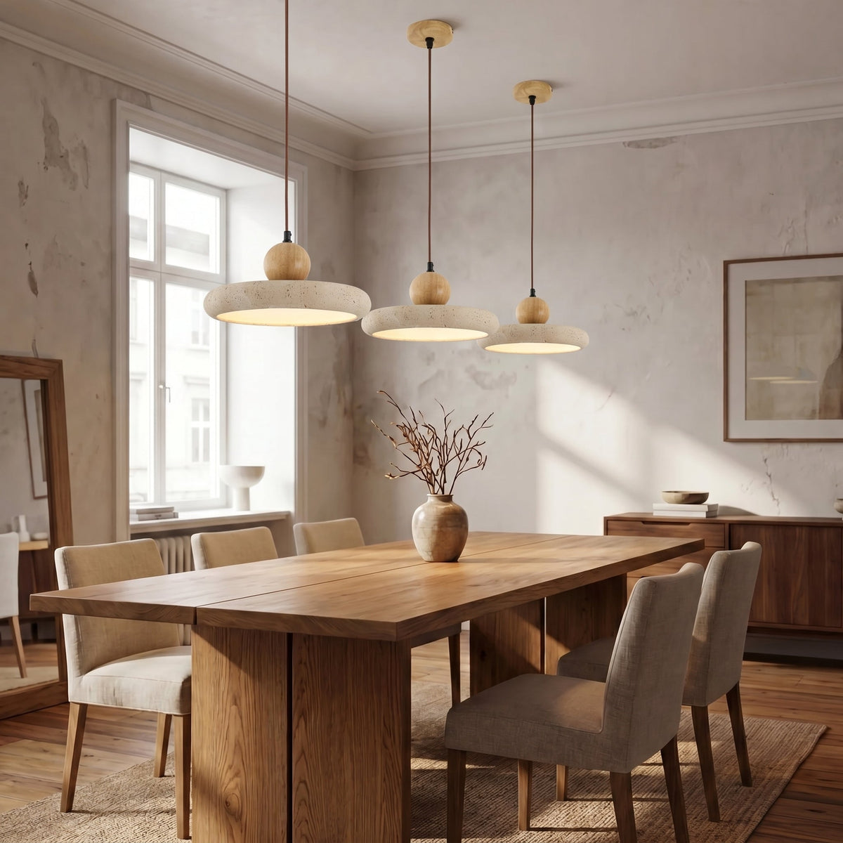 Travertine Stone & Wood Pendant Light – LED Ceiling Lamp for Dining Room, Kitchen Island & Bar – Scandinavian Minimalist Design | Thomler