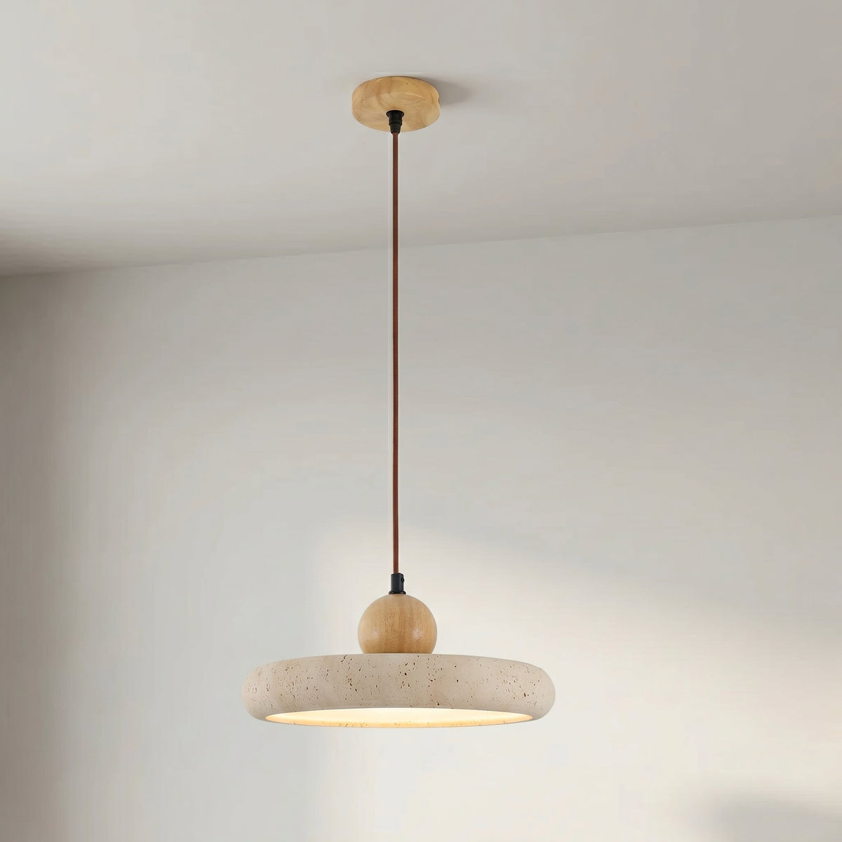 Travertine Stone & Wood Pendant Light – LED Ceiling Lamp for Dining Room, Kitchen Island & Bar – Scandinavian Minimalist Design | Thomler