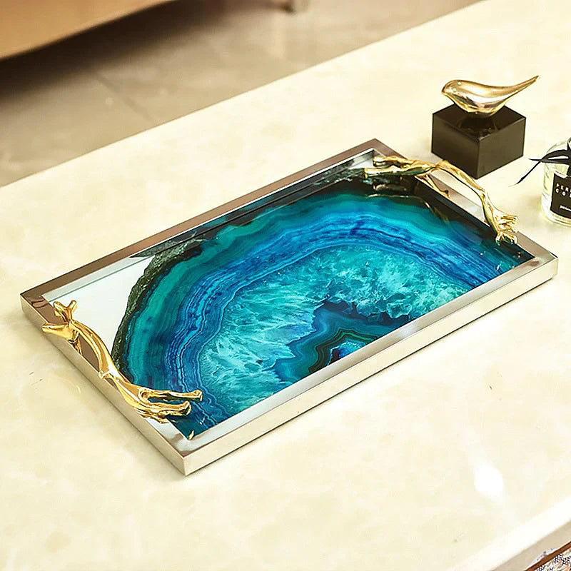 Serving Tray Glass Stainless Steel 16 in Blue Agate Pattern Dining Coffee Table Decorative Rectangle Round Display Platter | Thomler