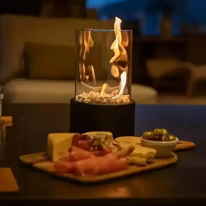 Portable Tabletop Fire Lantern with Glass Cylinder for Indoor Outdoor Ambient Lighting | Gas Fuel Flame Accent Décor for Patio Dining Living | Thomler