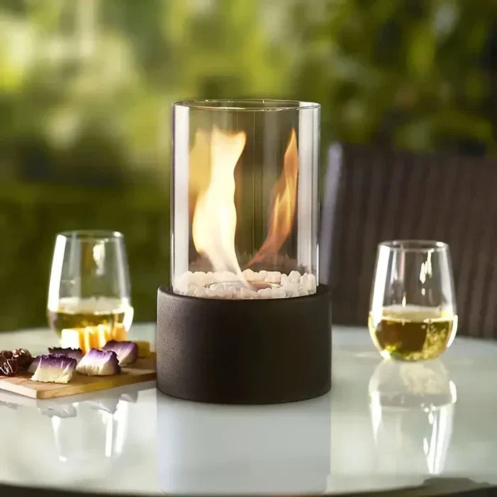 Portable Tabletop Fire Lantern with Glass Cylinder for Indoor Outdoor Ambient Lighting | Gas Fuel Flame Accent Décor for Patio Dining Living | Thomler