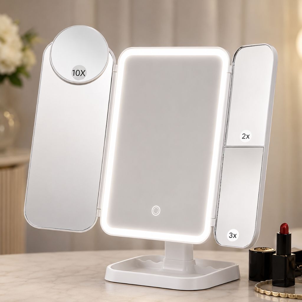 LED Vanity Mirror 4-Panel Fold-Out with 1X 2X 3X 10X Zoom Touch Control Rechargeable for Makeup Application | Thomler