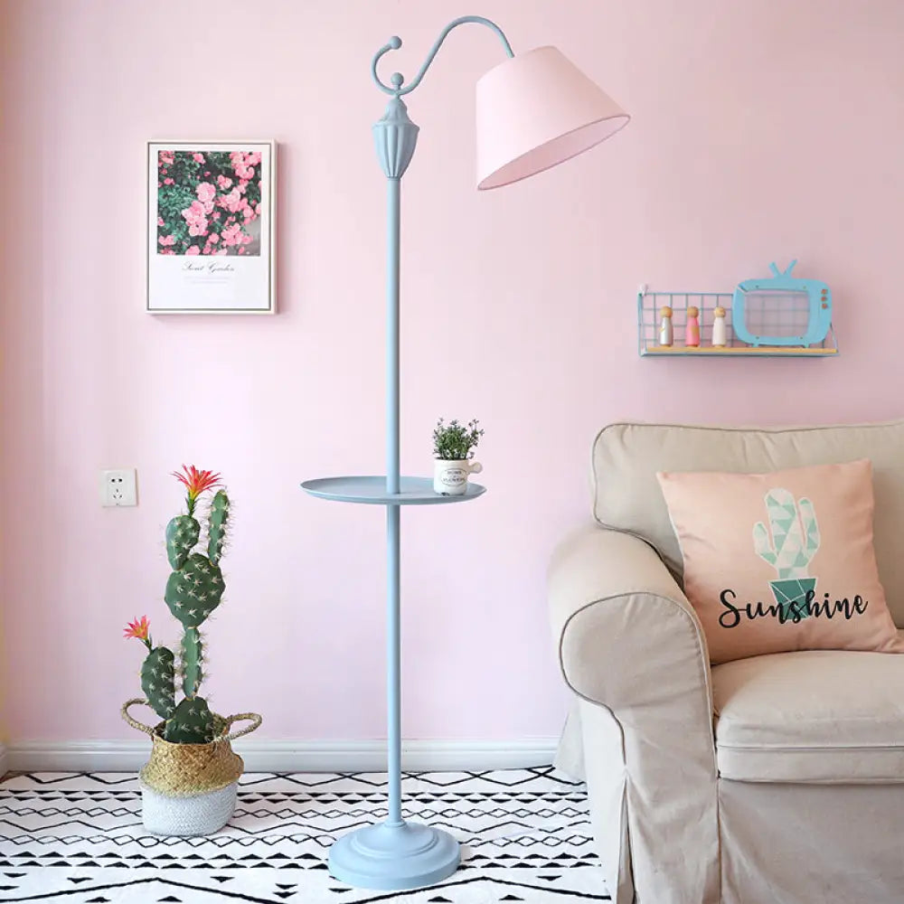 Tapered Drum Fabric Floor Lamp with Shelf in Pastel Colors for Kids Bedroom and Playroom | 63 Inch Tall Standing Light | US Standard E26 | Thomler