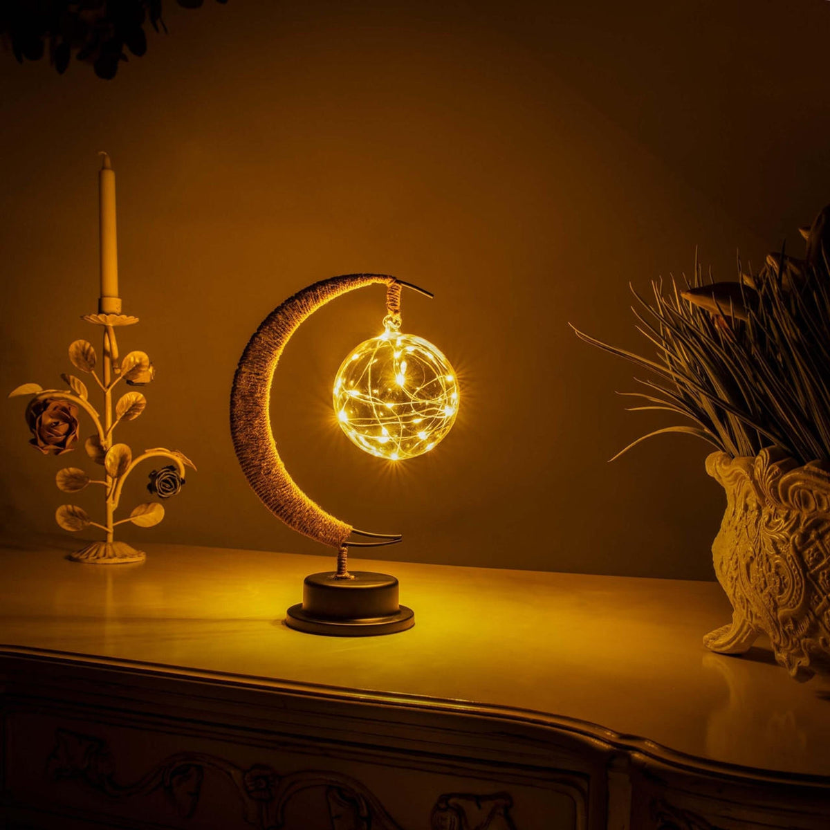 Glass Moon Table Lamp with Warm LED Glow – Battery Operated Crescent Accent Light for Bedroom, Living Room & Nightstand | Thomler