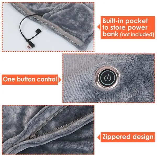 Heated Throw Blanket with Sleeves & Zipper, USB Powered, 8 Heat Zones, Fleece Wrap, 59×31 in | Thomler