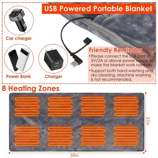Heated Throw Blanket with Sleeves & Zipper, USB Powered, 8 Heat Zones, Fleece Wrap, 59×31 in | Thomler