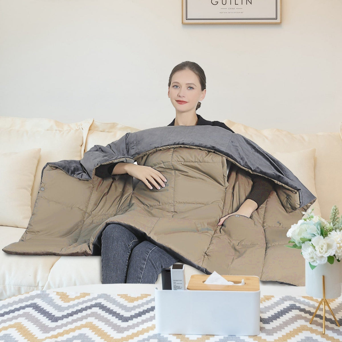 Wearable USB Heated Throw with Arm Slits, Dual Controls & 6 Warmth Zones | Thomler