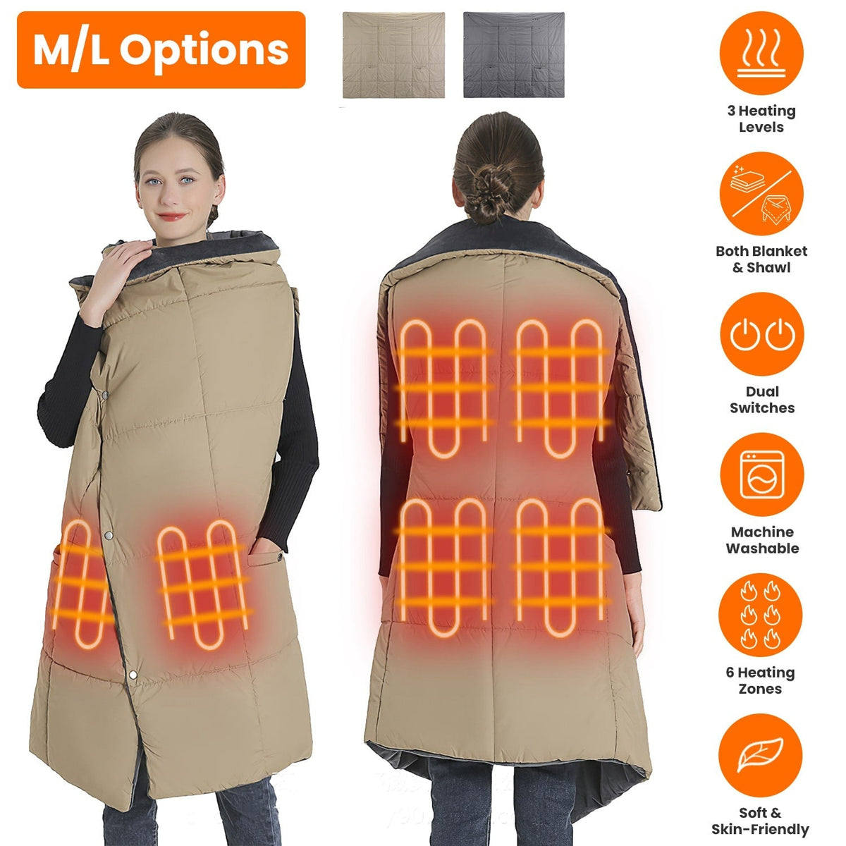 Wearable USB Heated Throw with Arm Slits, Dual Controls & 6 Warmth Zones | Thomler
