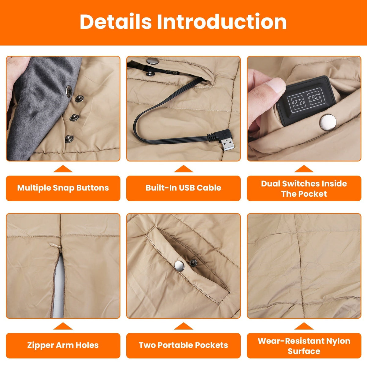 Wearable USB Heated Throw with Arm Slits, Dual Controls & 6 Warmth Zones | Thomler