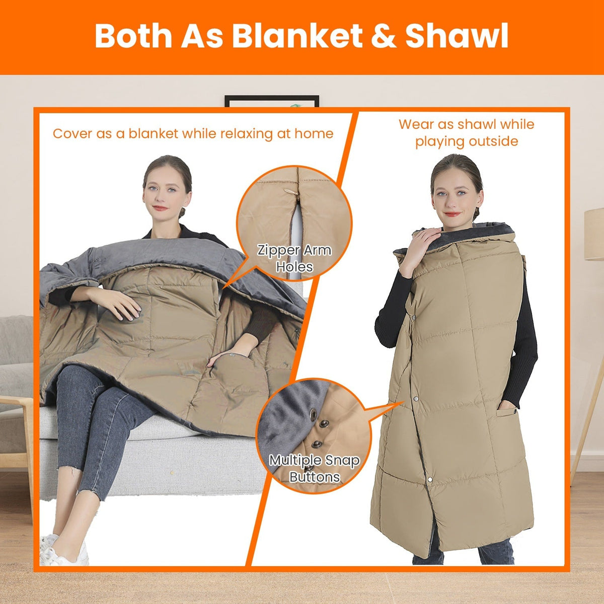 Wearable USB Heated Throw with Arm Slits, Dual Controls & 6 Warmth Zones | Thomler