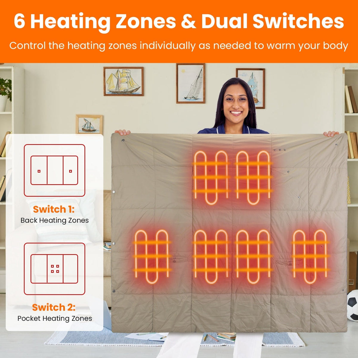 Wearable USB Heated Throw with Arm Slits, Dual Controls & 6 Warmth Zones | Thomler