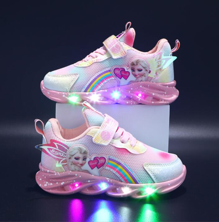 Kids Trainers Mesh LED Sole Pink Rainbow Velcro Everyday School Play Glitter Light Up Sneakers | Thomler