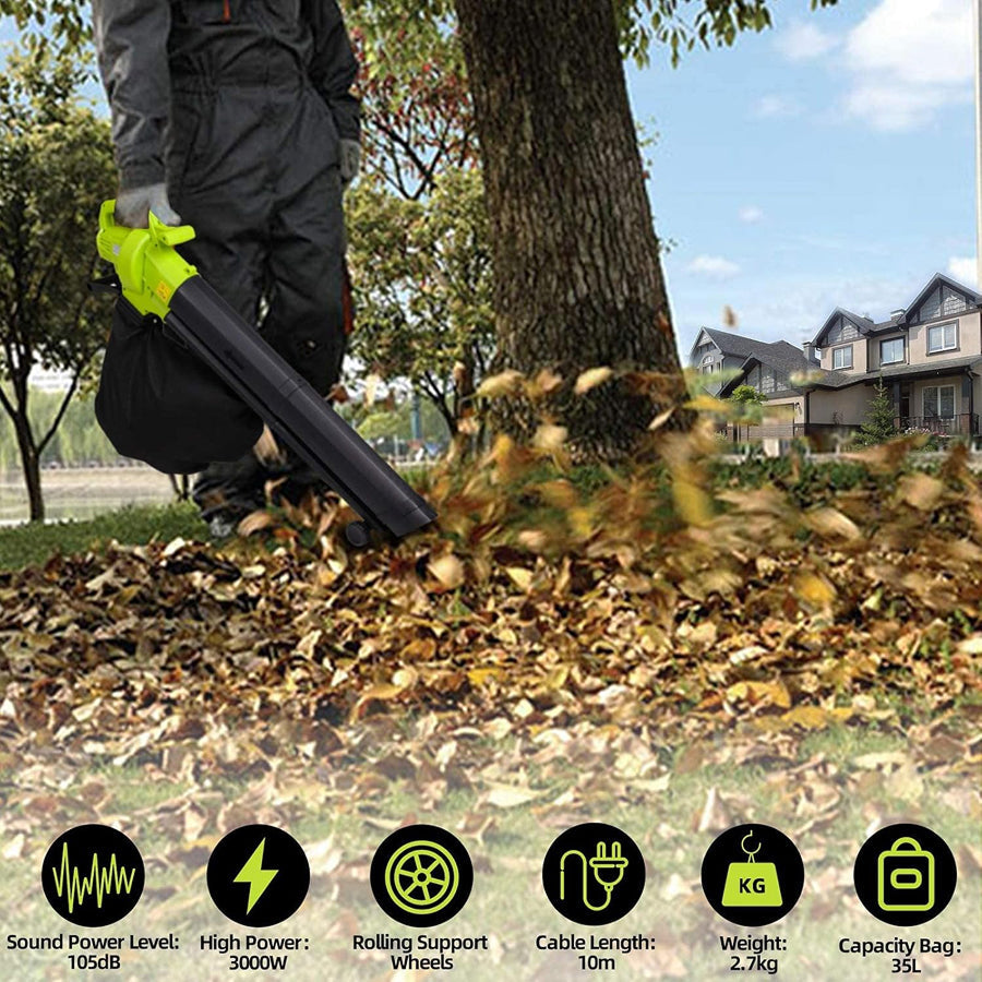 Electric Leaf Blower Vacuum Mulcher 3-in-1 with 35L Bag & 10:1 Shredder for Lawns Driveways Patios | Lightweight Corded Garden Tool | Thomler