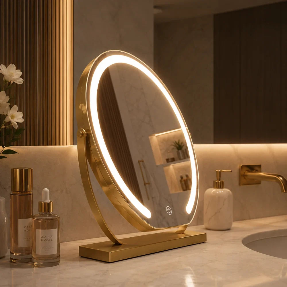 LED Lighted Makeup Mirror 15x Magnifying Touch Adjustable Brightness Vanity Desktop Gold Black White Rotating Frame 3 Light Modes for | Thomler