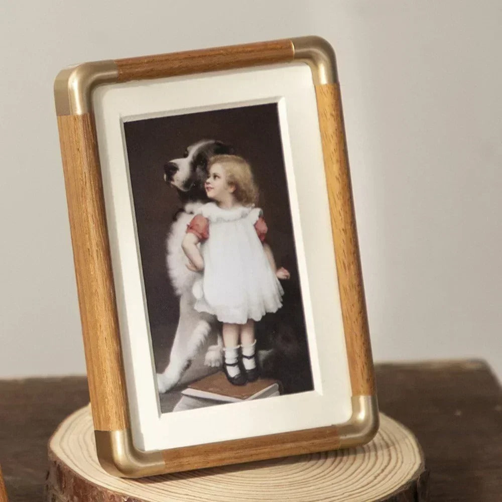 Tabletop Picture Frame with Brass Corner Accents – Real Wood Photo Display for Desk, Shelf & Nightstand – Classic Farmhouse Home Decor | Thomler