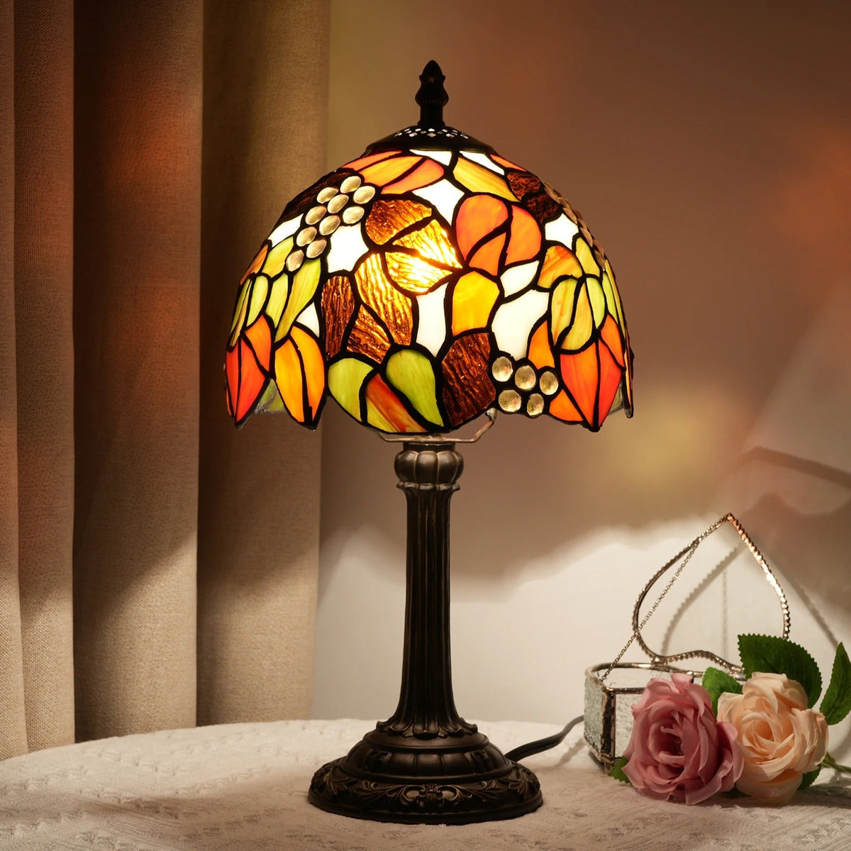 Stained Glass Desk Lamp with Resin Base – Decorative Art Nouveau Style Bedside Light | Thomler