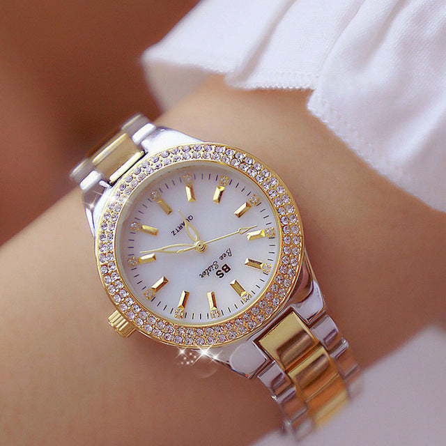 Women's Round Dial Wrist Watch with Stainless Steel Band & Sparkling Accents – Quartz Movement for Daily Wear | Thomler