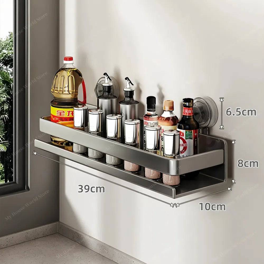 Stainless Steel Suction Cup Spice Shelf for Kitchen Walls – No-Drill Organizer Rack for Smooth Surfaces, Tiles & Glass – Adjustable | Thomler