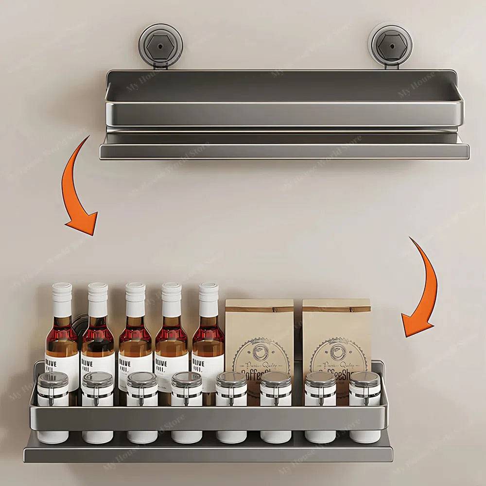 Stainless Steel Suction Cup Spice Shelf for Kitchen Walls – No-Drill Organizer Rack for Smooth Surfaces, Tiles & Glass – Adjustable | Thomler