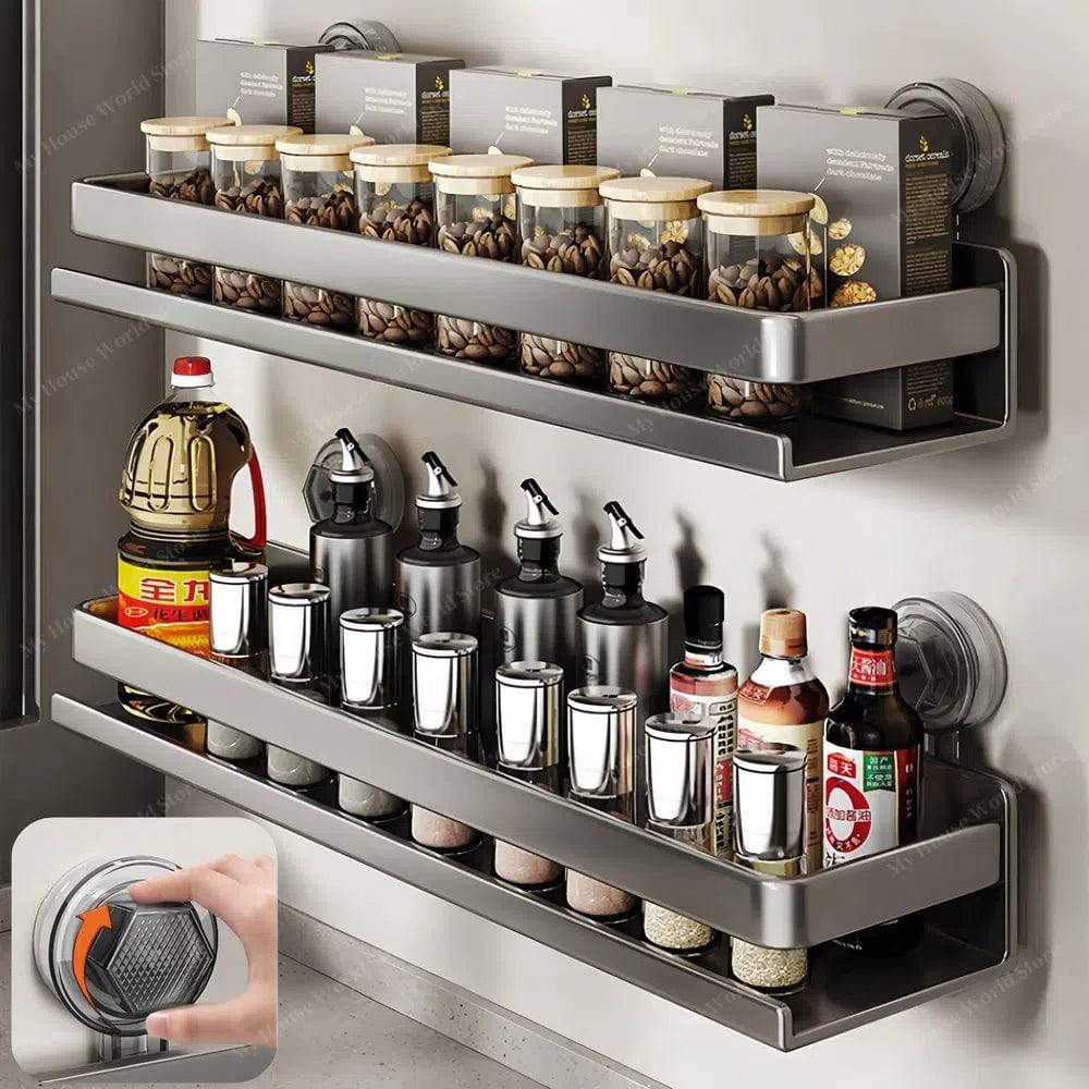 Stainless Steel Suction Cup Spice Shelf for Kitchen Walls – No-Drill Organizer Rack for Smooth Surfaces, Tiles & Glass – Adjustable | Thomler