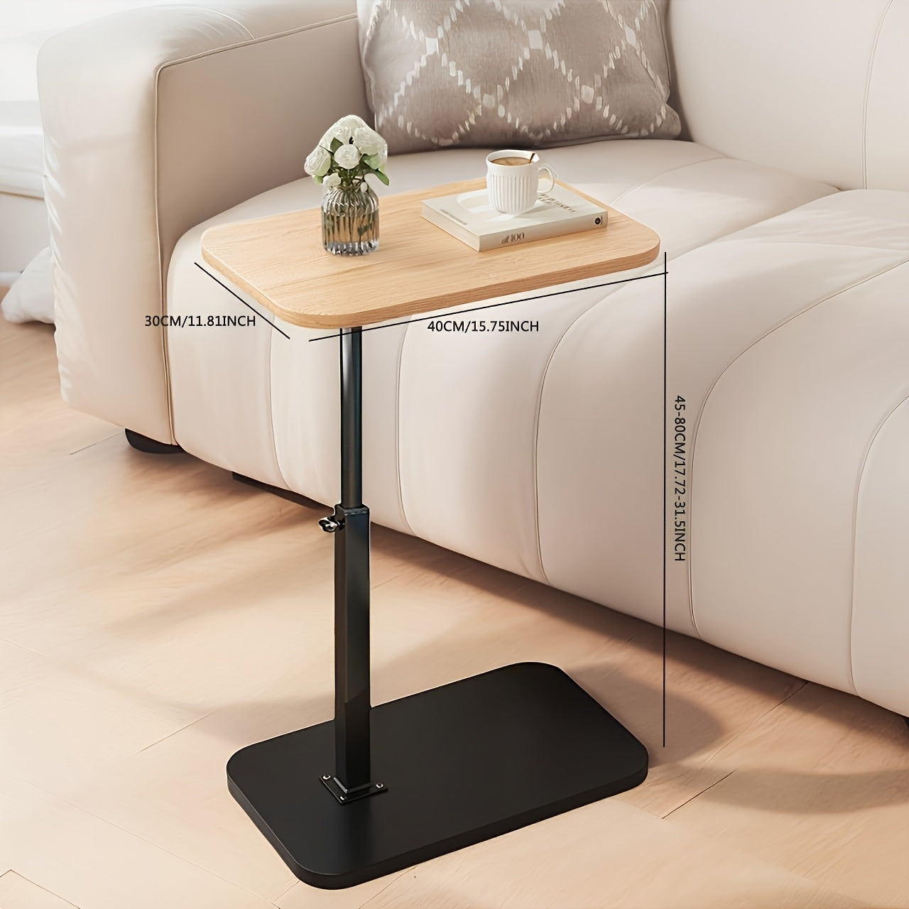 Adjustable Height C-Table for Couch & Bed – Wood Top, Metal Base, Slides Under Furniture for Living Room, Bedroom, Home Office | Thomler