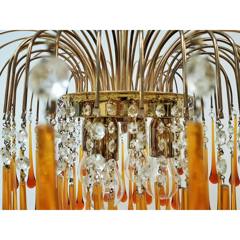 Pendant Light Amber Glass 60.0 cm Gold Dining Room Art Deco Chandelier Ceiling Fixture Adjustable Hanging Lamp | Thomler