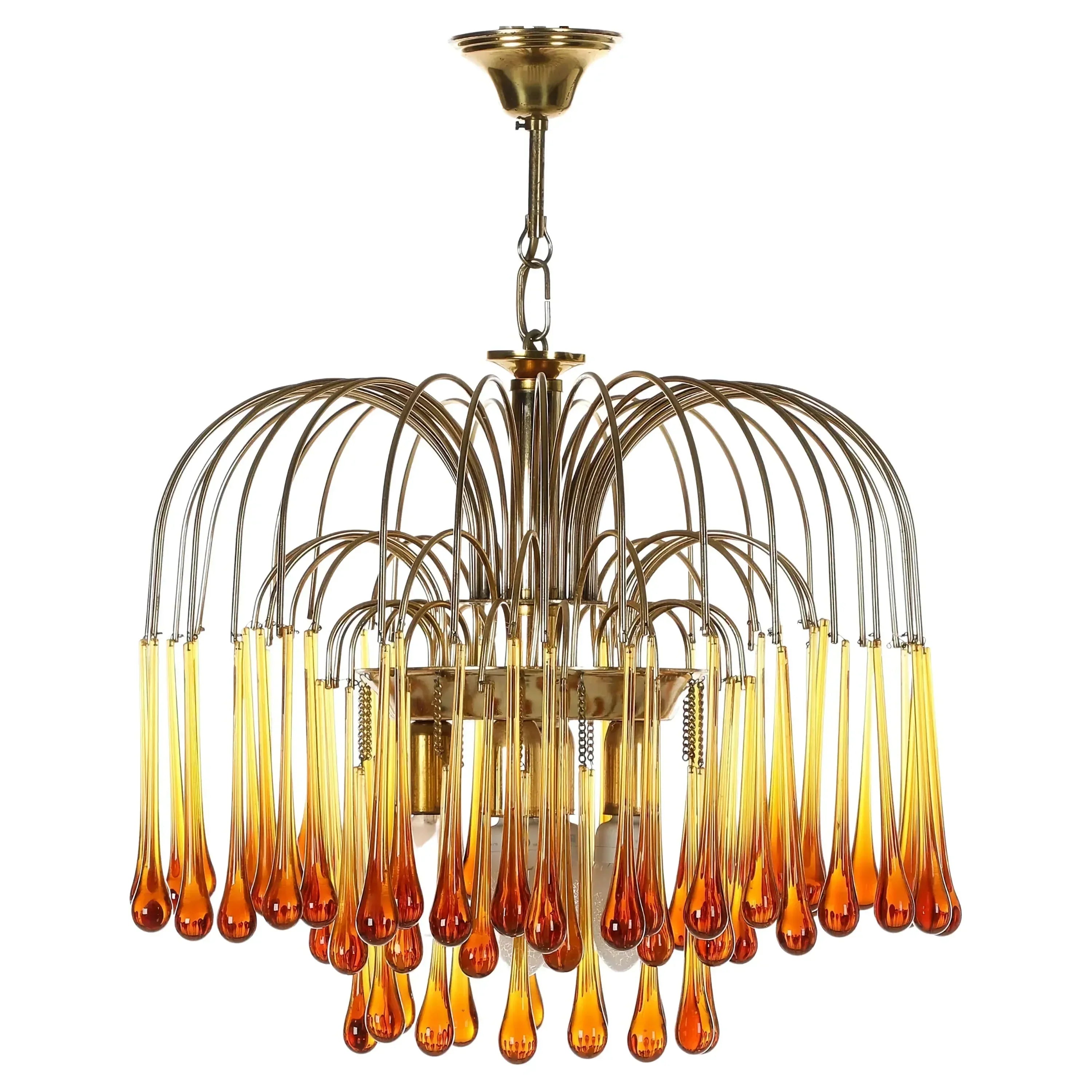Pendant Light Amber Glass 60.0 cm Gold Dining Room Art Deco Chandelier Ceiling Fixture Adjustable Hanging Lamp | Thomler