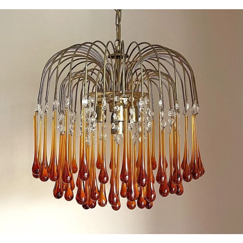Pendant Light Amber Glass 60.0 cm Gold Dining Room Art Deco Chandelier Ceiling Fixture Adjustable Hanging Lamp | Thomler