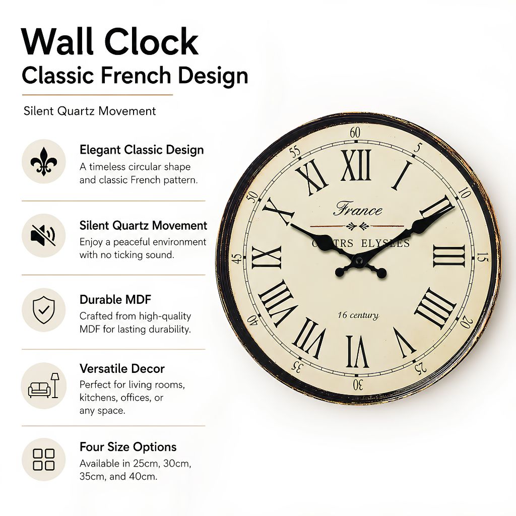 Round Vintage-Inspired Analog Wall Clock Whisper-Quiet Non-Ticking for Bedroom Living Room Kitchen MDF Construction French Provincial Style | Thomler