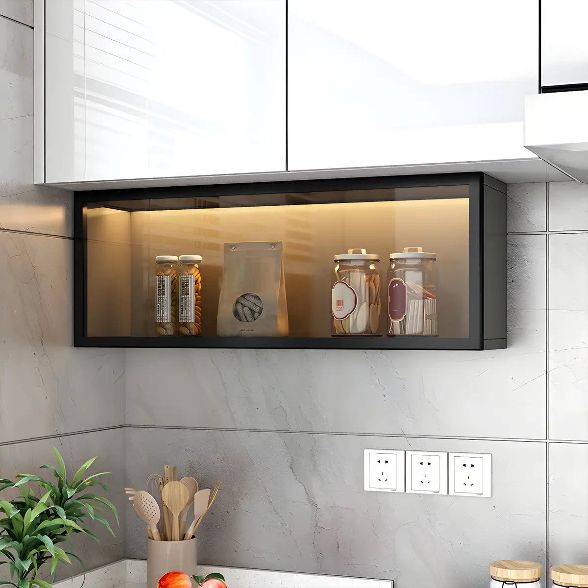 Display Cabinet Wood 30.0 cm Height Glass Door Kitchen Living Room Wall Mounted Storage Display Unit Optional LED Lighting | Thomler