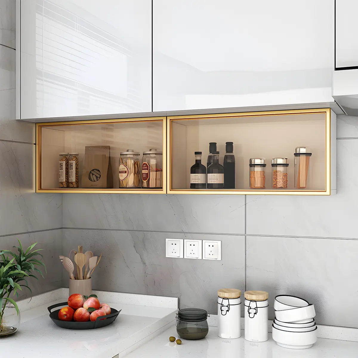 Display Cabinet Wood 30.0 cm Height Glass Door Kitchen Living Room Wall Mounted Storage Display Unit Optional LED Lighting | Thomler