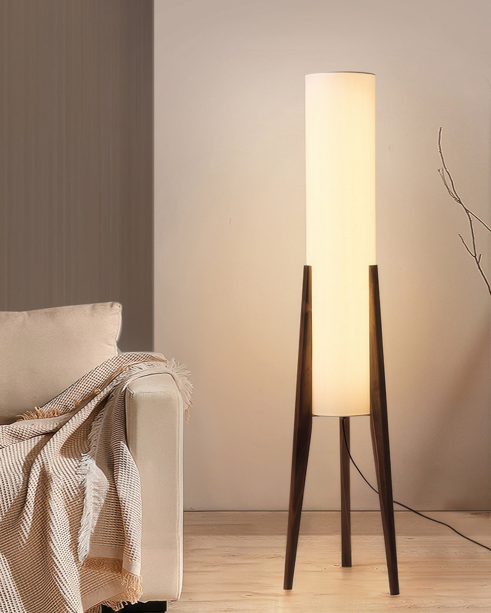 Solid Wood Floor Lamp with Fabric Shade – Mid-Century Standing Light for Living Room & Bedroom – Natural Walnut Base – 12W LED | Thomler