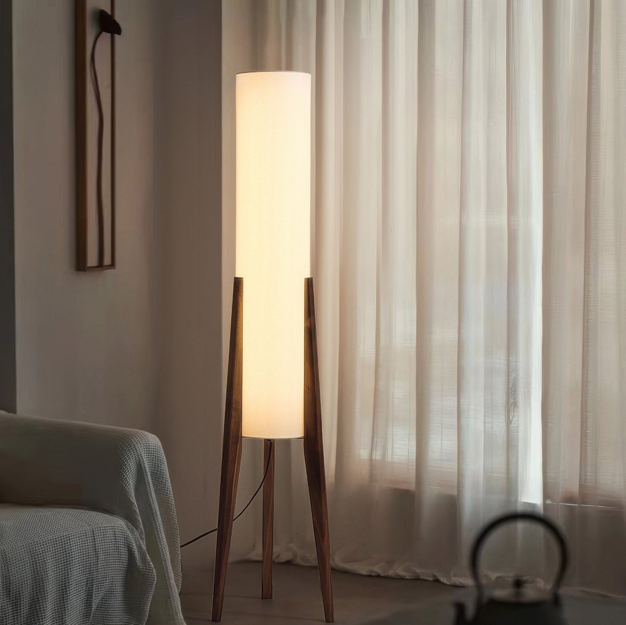 Solid Wood Floor Lamp with Fabric Shade – Mid-Century Standing Light for Living Room & Bedroom – Natural Walnut Base – 12W LED | Thomler