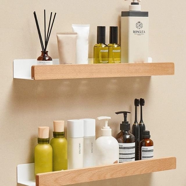 Floating Wood Shelf for Bathroom Wall – Adhesive Mount, Moisture Resistant, Compact Storage | Thomler