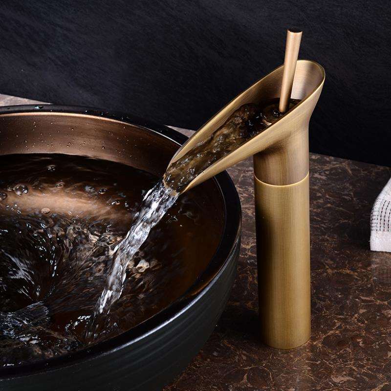 Single-Handle Waterfall Bathroom Faucet in Antique Bronze, Chrome, Gold & Black Finish for Vessel Sink | Thomler