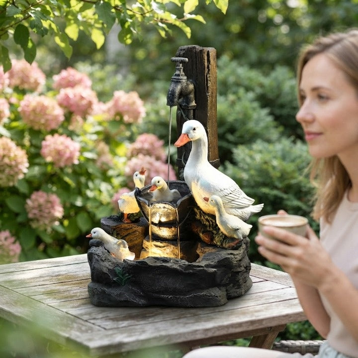 Solar Tabletop Water Fountain with Animal Figurine & LED Light for Patio Garden Deck Outdoor Decor Desktop Accent | Thomler