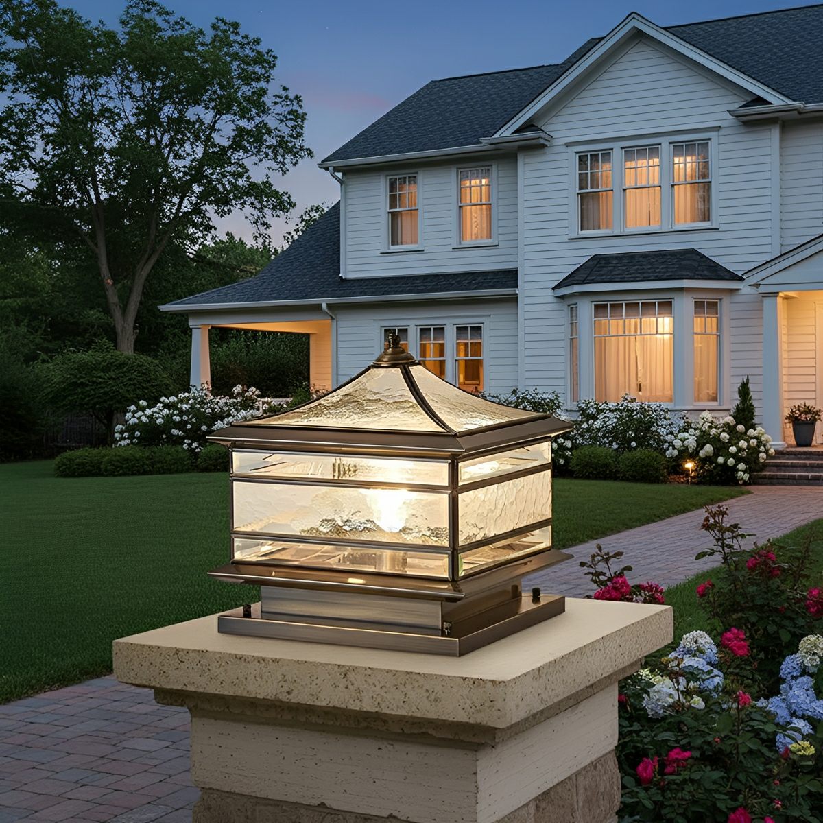 Solar Pillar Lantern for Fence Posts – Copper Finish Outdoor Column Light with Glass Panels, Weatherproof Post Cap Fixture for Entry | Thomler