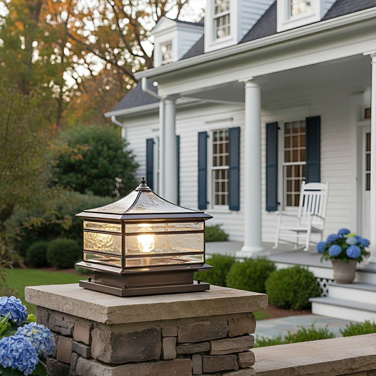 Solar Pillar Lantern for Fence Posts – Copper Finish Outdoor Column Light with Glass Panels, Weatherproof Post Cap Fixture for Entry | Thomler