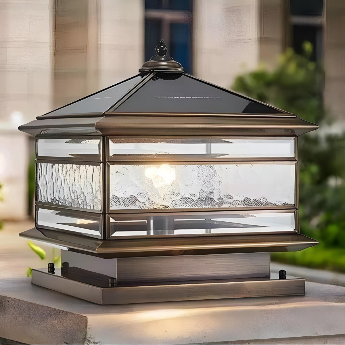 Post Light Copper Tempered Glass 25.0 cm Outdoor Fence Gate Pillar Lantern Waterproof Solar Wired E27 Garden Entrance Lighting | Thomler