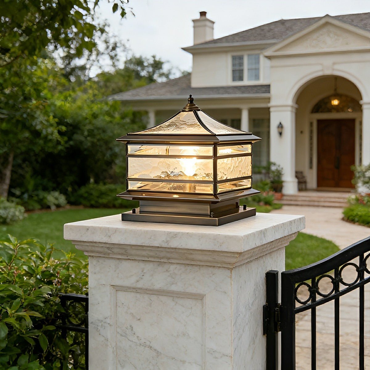 Solar Pillar Lantern for Fence Posts – Copper Finish Outdoor Column Light with Glass Panels, Weatherproof Post Cap Fixture for Entry | Thomler