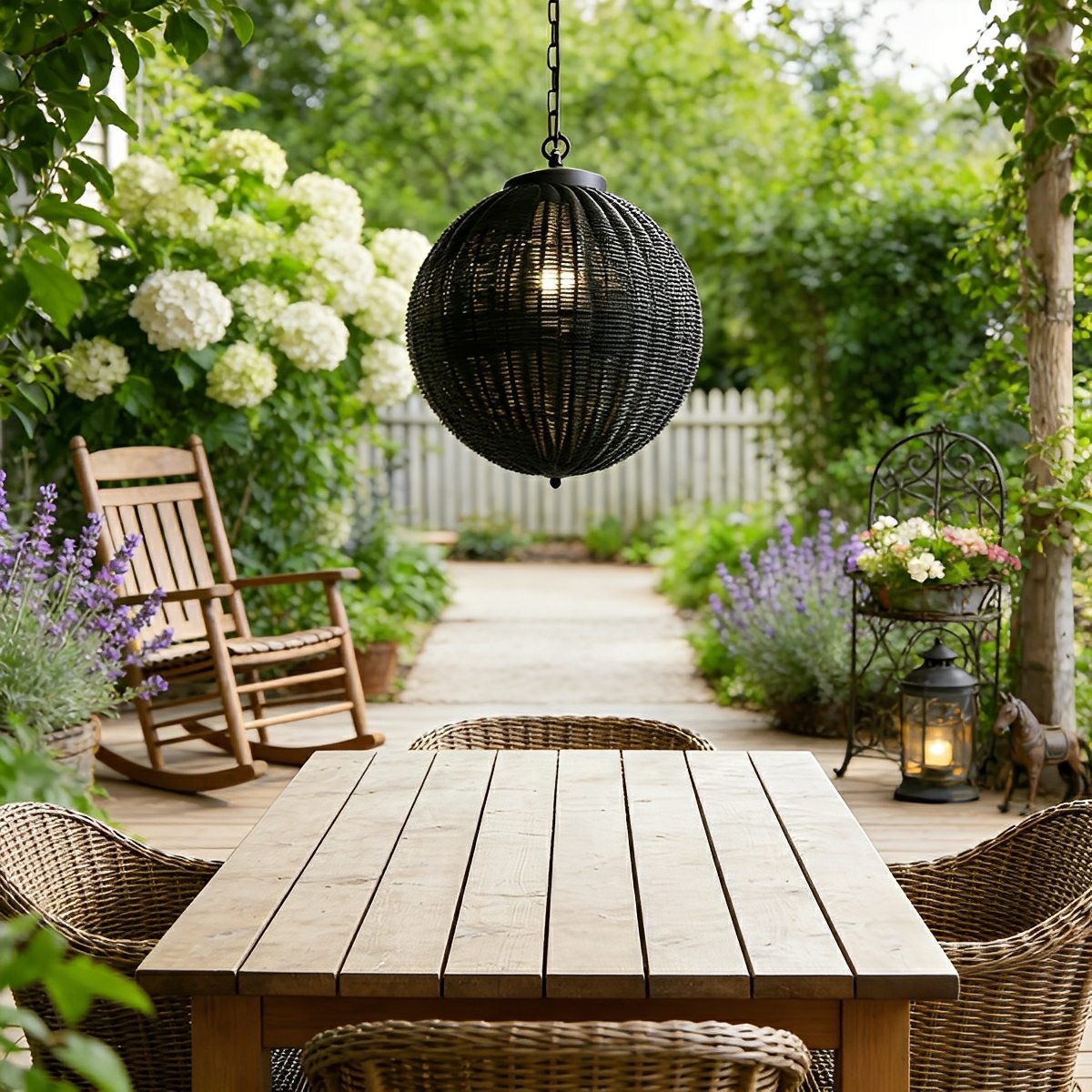 Pendant Light Synthetic Rattan 40.0 cm Black Outdoor Patio Pergola Hanging Lantern Waterproof Garden Ceiling Light | Thomler