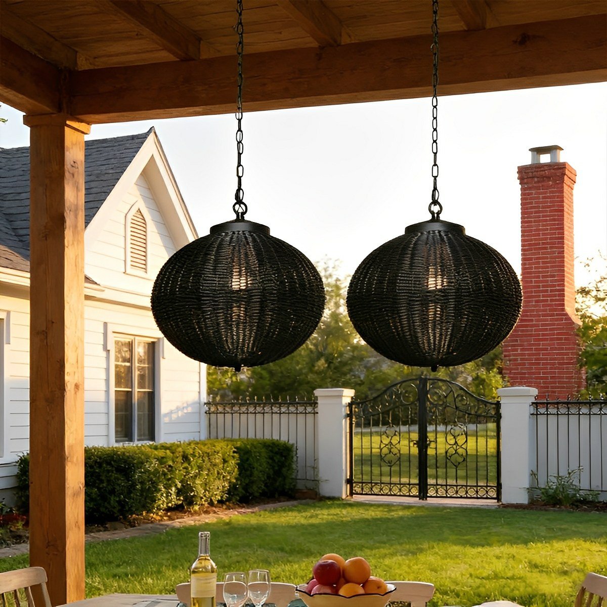 Pendant Light Synthetic Rattan 40.0 cm Black Outdoor Patio Pergola Hanging Lantern Waterproof Garden Ceiling Light | Thomler