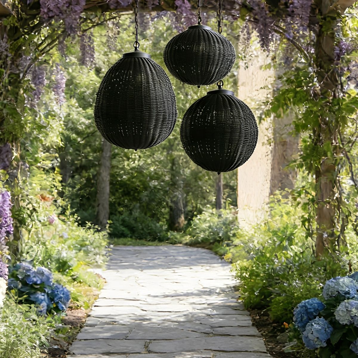 Pendant Light Synthetic Rattan 40.0 cm Black Outdoor Patio Pergola Hanging Lantern Waterproof Garden Ceiling Light | Thomler