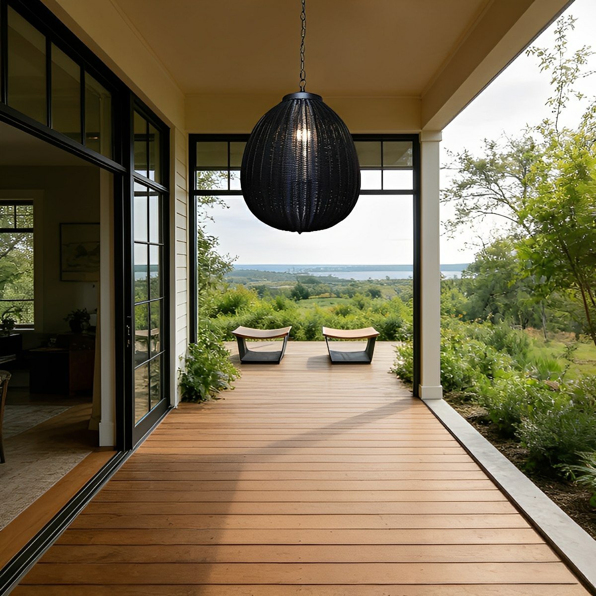 Pendant Light Synthetic Rattan 40.0 cm Black Outdoor Patio Pergola Hanging Lantern Waterproof Garden Ceiling Light | Thomler